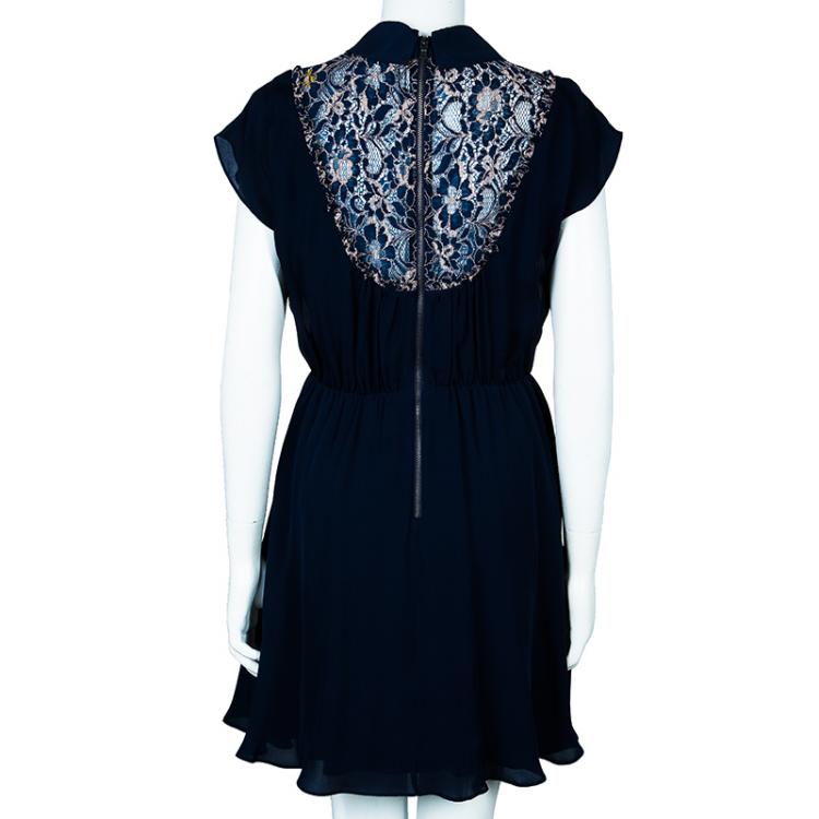 Pre Owned Alice + Olivia Emma Navy Blue Silk Lace Dress M