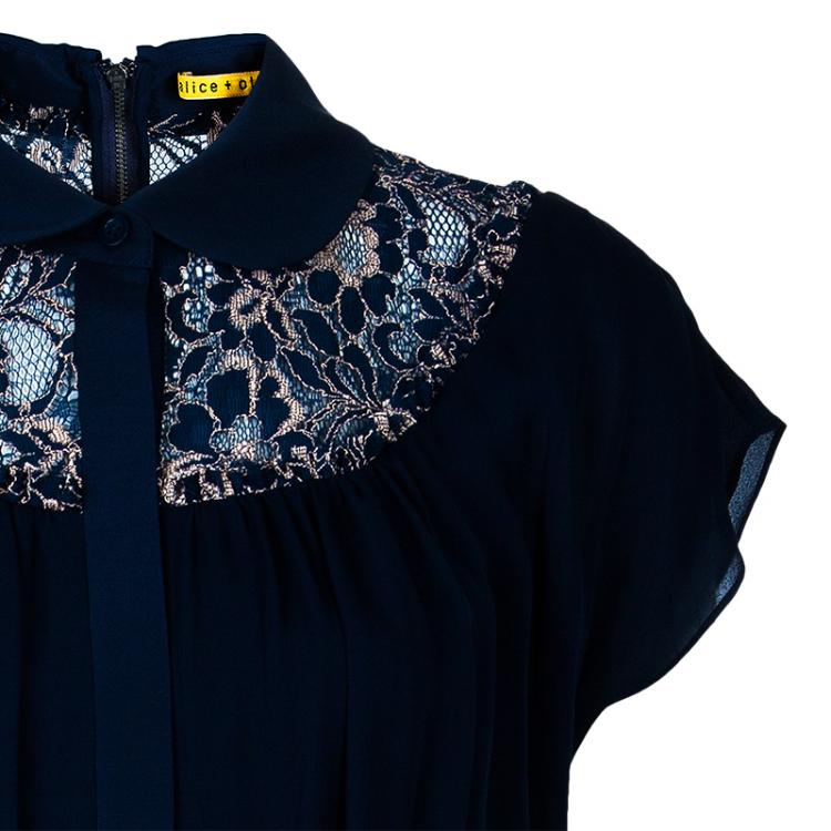 Pre Owned Alice + Olivia Emma Navy Blue Silk Lace Dress M