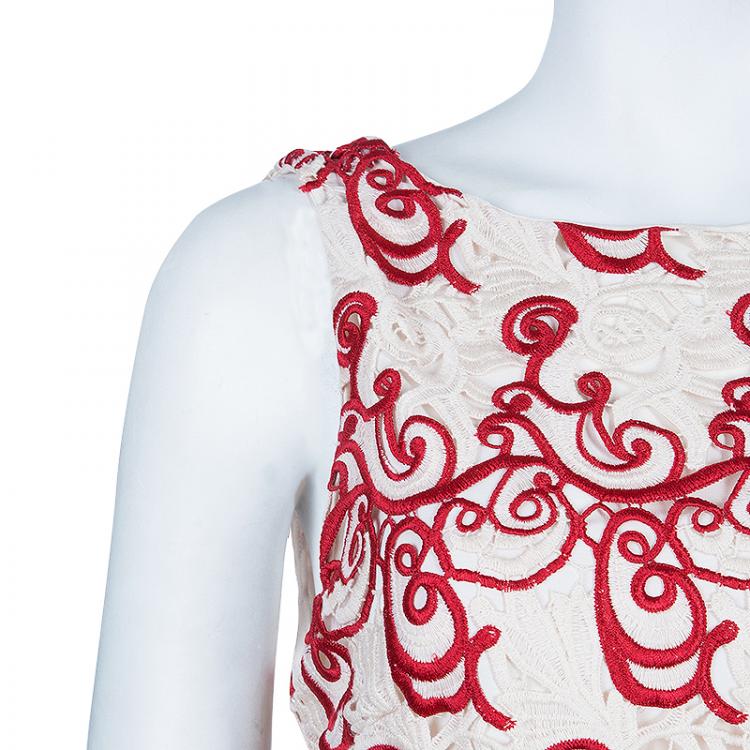 Pre Owned Alice + Olivia Red and Cream Embroidered Dress M