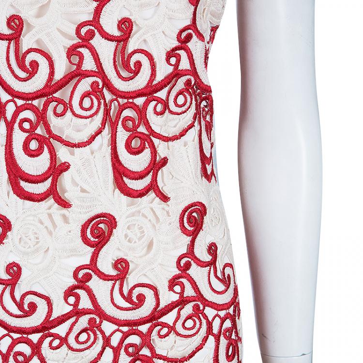 Pre Owned Alice + Olivia Red and Cream Embroidered Dress M