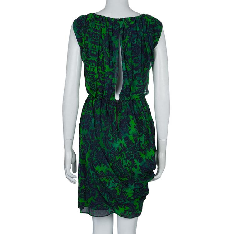 Pre Owned Alice + Olivia Beckett Green and Blue Printed Silk Gathered Dress S