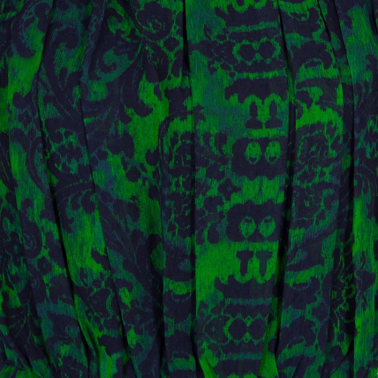 Pre Owned Alice + Olivia Beckett Green and Blue Printed Silk Gathered Dress S