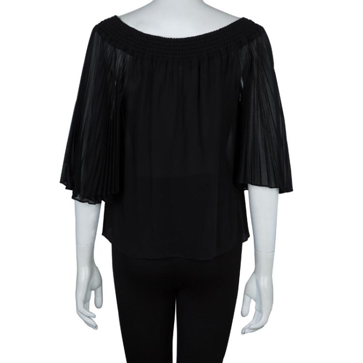 Pre Owned Alice + Olivia Black Silk Smocked Pleated Sleeve Detail Off Shoulder Blouse S
