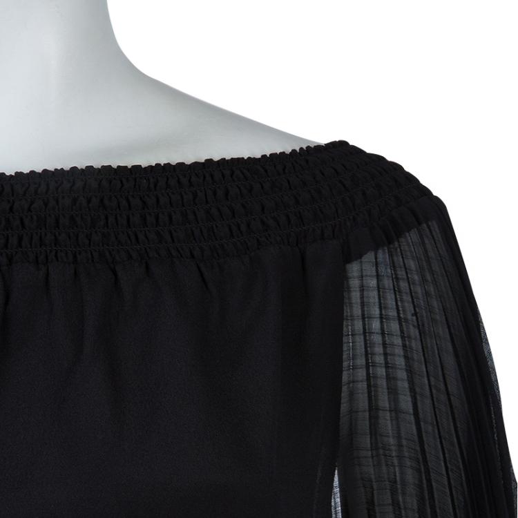 Pre Owned Alice + Olivia Black Silk Smocked Pleated Sleeve Detail Off Shoulder Blouse S