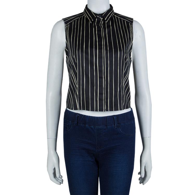 مملوكة مسبقًا Alice + Olivia Black Striped Sleeveless Cotton Blouse L