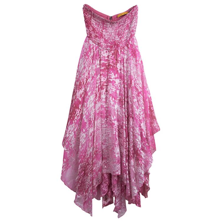 مملوكة مسبقًا Alice + Olivia Pink Abstract Print Devore Asymmetrical Smocking Detail Dress M                                             