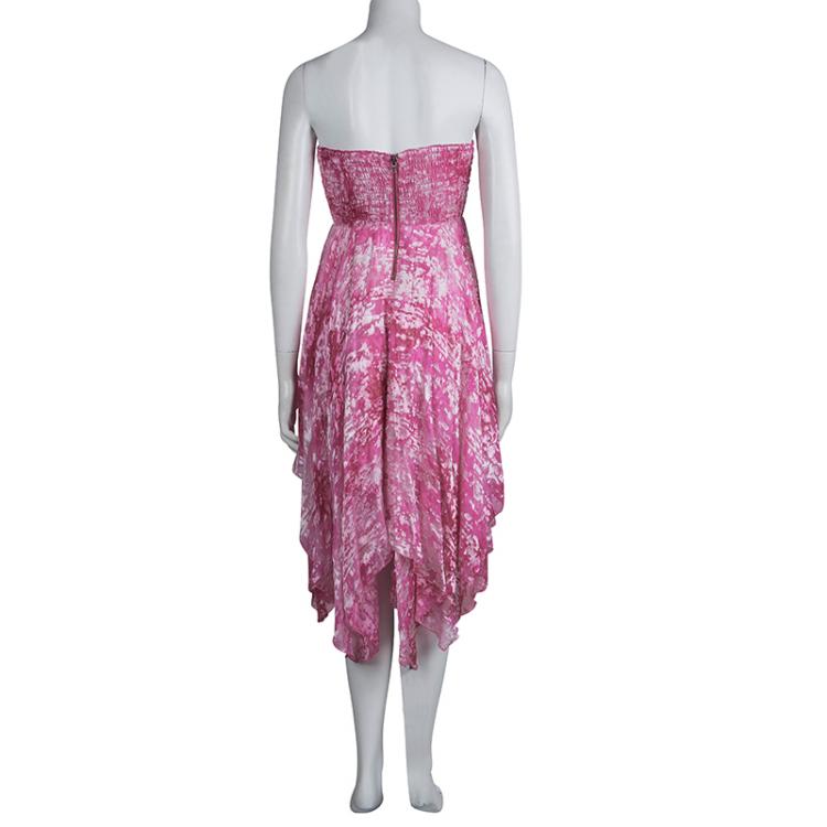 مملوكة مسبقًا Alice + Olivia Pink Abstract Print Devore Asymmetrical Smocking Detail Dress M                                             