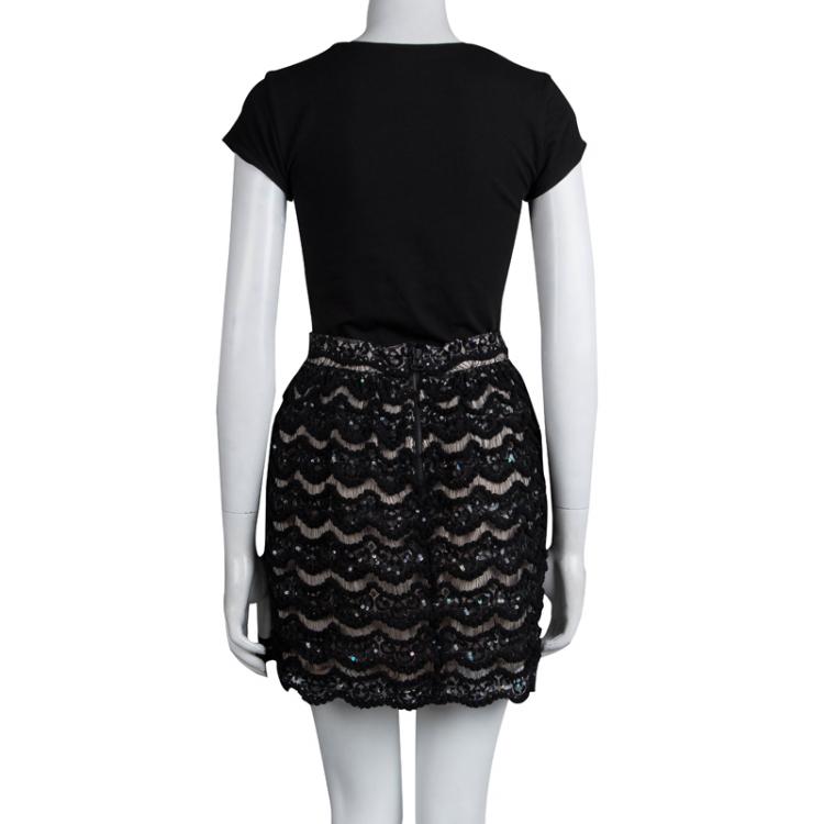 Pre Owned Alice + Olivia Black Sequin Embellished Lace Overlay Skirt S