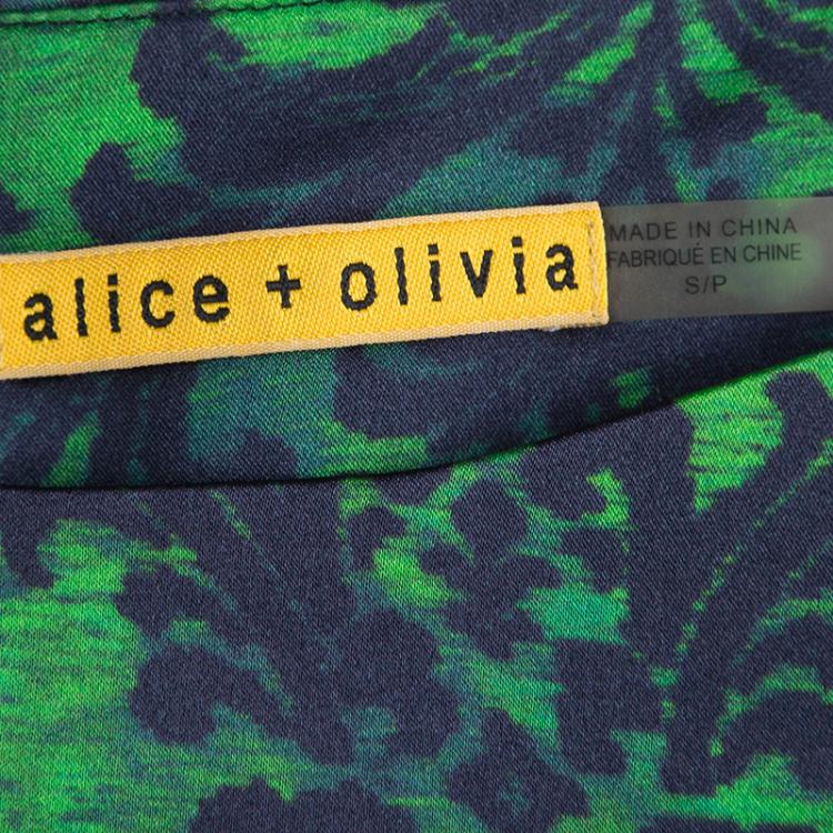Pre Owned Alice + Olivia Green Printed Silk Plisse Sleeve Shift Dress S