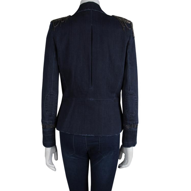 Pre Owned Alice + Olivia Indigo Distressed Denim Embellished Double Breasted Jacket L