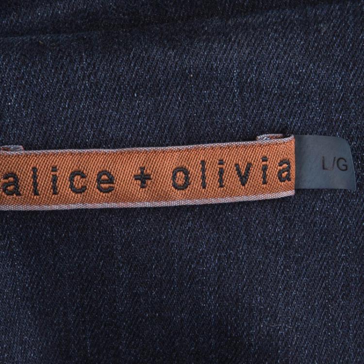 Pre Owned Alice + Olivia Indigo Distressed Denim Embellished Double Breasted Jacket L
