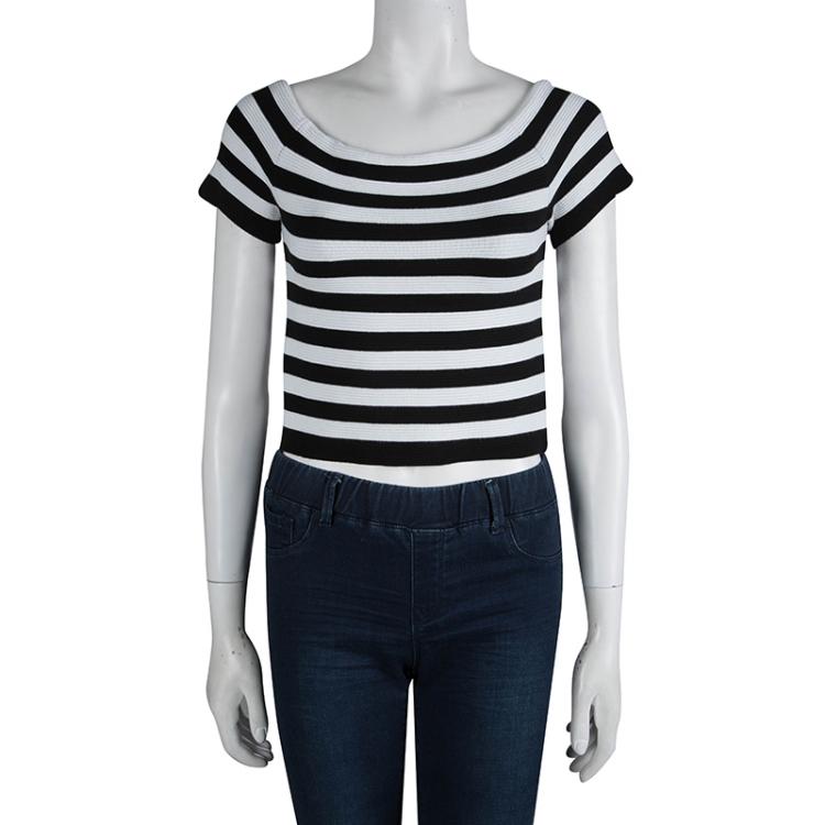 Pre Owned Alice +Olivia Monochrome Striped Rib Knit Cropped Top M