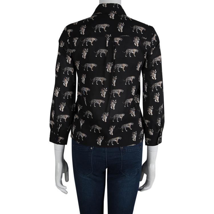 Pre Owned Alice + Olivia Black Tiger Printed Sheer Silk Cropped Shirt XS