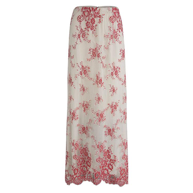 Pre Owned Alice + Olivia Beige Floral Embroidered Lace Cropped Top And Maxi Skirt Set M
