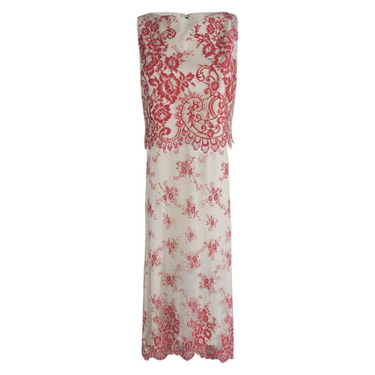 Pre Owned Alice + Olivia Beige Floral Embroidered Lace Cropped Top And Maxi Skirt Set M