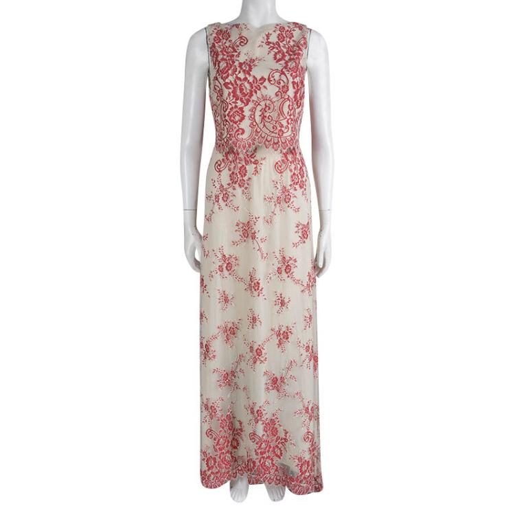 Pre Owned Alice + Olivia Beige Floral Embroidered Lace Cropped Top And Maxi Skirt Set M