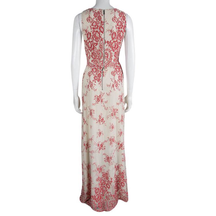 Pre Owned Alice + Olivia Beige Floral Embroidered Lace Cropped Top And Maxi Skirt Set M