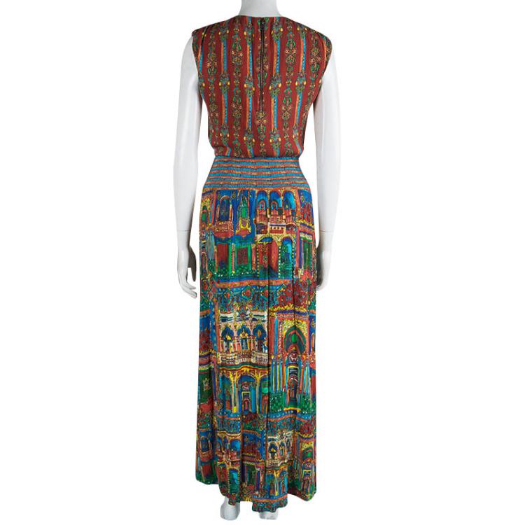 Pre Owned Alice + Olivia Multicolor Printed  Smocking Detailed Crushed Maxi Dress S