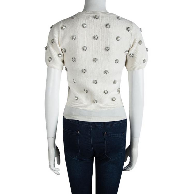 Pre Owned Alice + Olivia Off White Wool Bay Pearl Rhinestone Embellished Cropped Sweater S