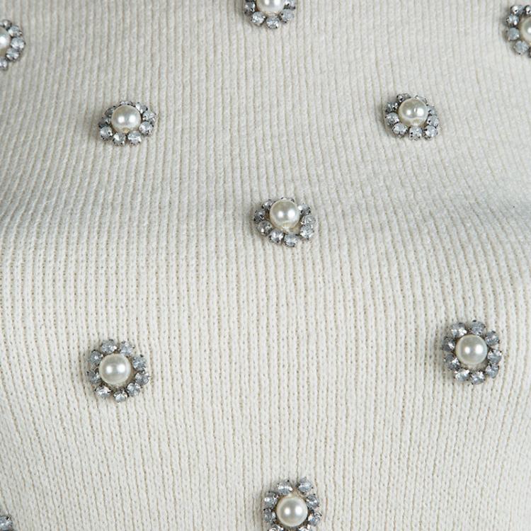 Pre Owned Alice + Olivia Off White Wool Bay Pearl Rhinestone Embellished Cropped Sweater S
