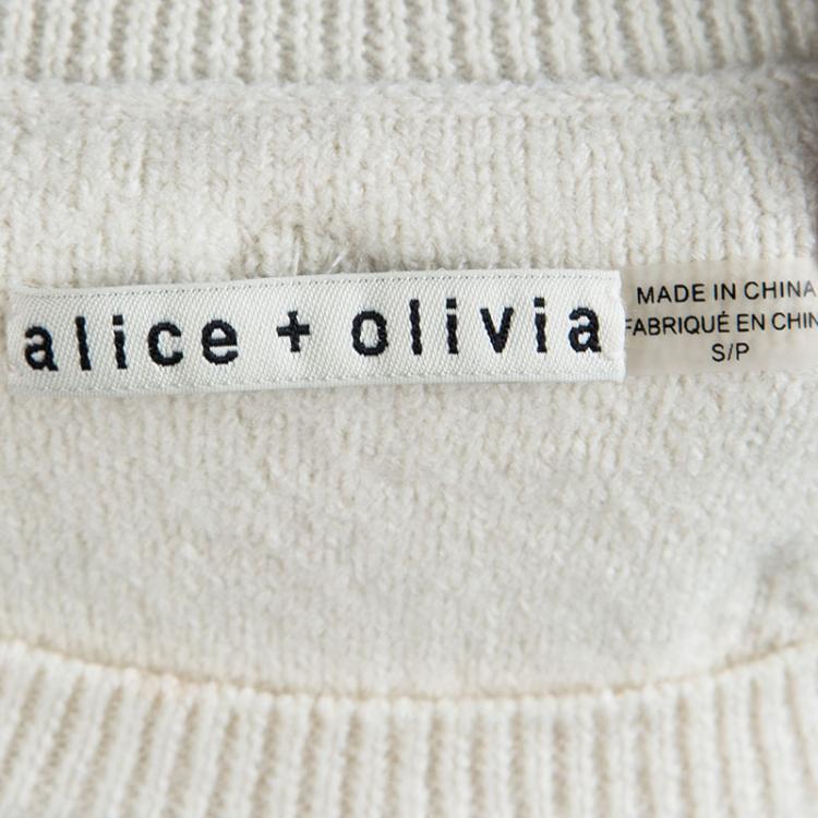 Pre Owned Alice + Olivia Off White Wool Bay Pearl Rhinestone Embellished Cropped Sweater S