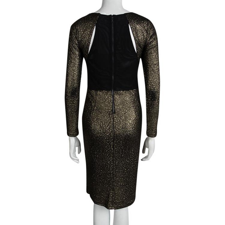 Pre Owned Alice + Olivia Textured Gold Knit Sheer Back Detail Long Sleeve Dress M