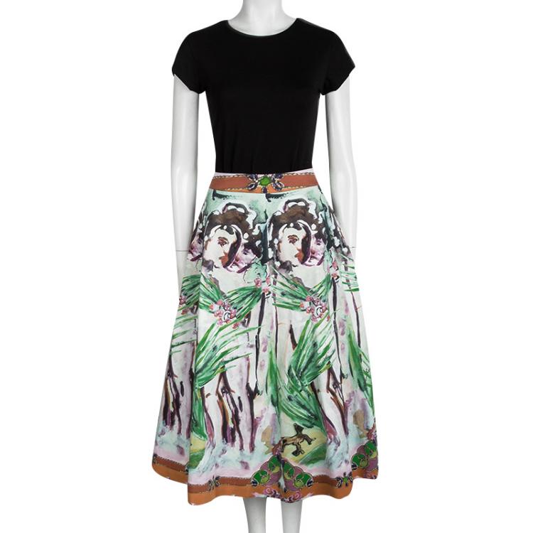 Pre Owned Alice + Olivia Multicolor Printed Cotton High Waist Midi Skirt M