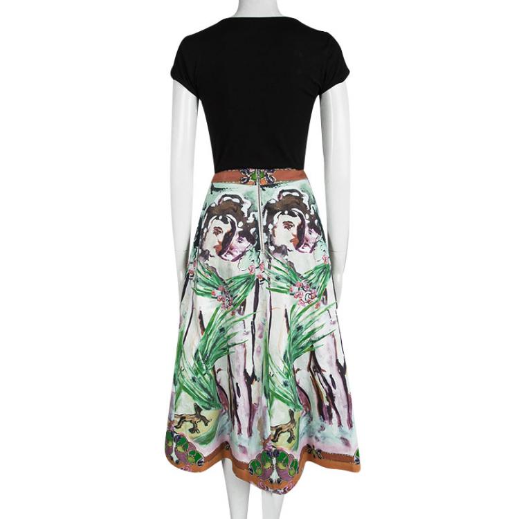 Pre Owned Alice + Olivia Multicolor Printed Cotton High Waist Midi Skirt M