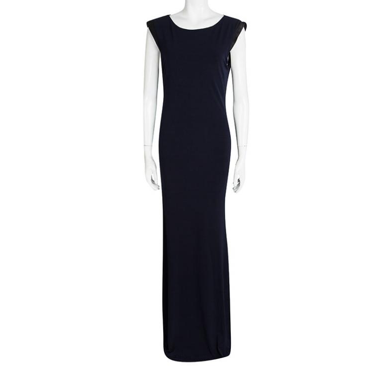 Pre Owned Alice + Olivia Navy Blue Knit Leather Trim Sleeveless Maxi Dress M