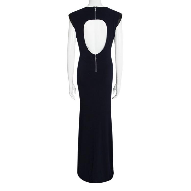 Pre Owned Alice + Olivia Navy Blue Knit Leather Trim Sleeveless Maxi Dress M