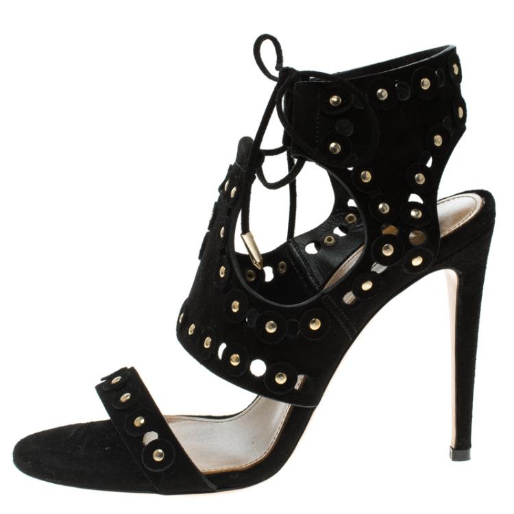 Pre Owned Aquazzura Black Studded  Suede Rebel Cutout Ankle Wrap Sandals Size 37