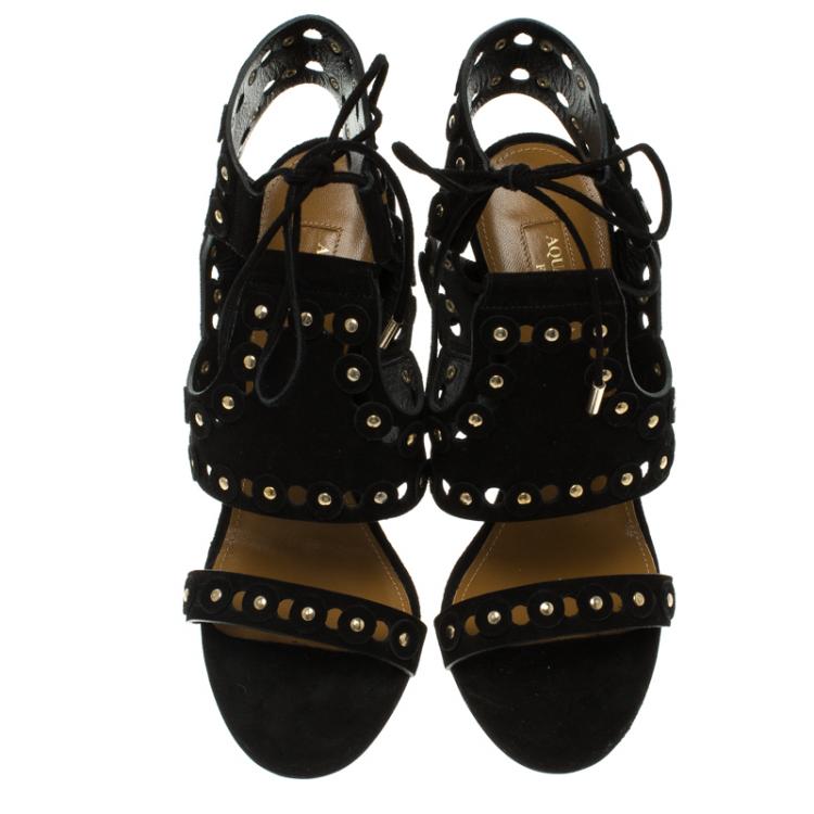 Pre Owned Aquazzura Black Studded  Suede Rebel Cutout Ankle Wrap Sandals Size 37