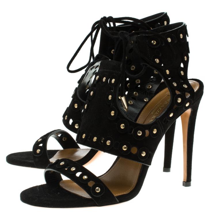 Pre Owned Aquazzura Black Studded  Suede Rebel Cutout Ankle Wrap Sandals Size 37