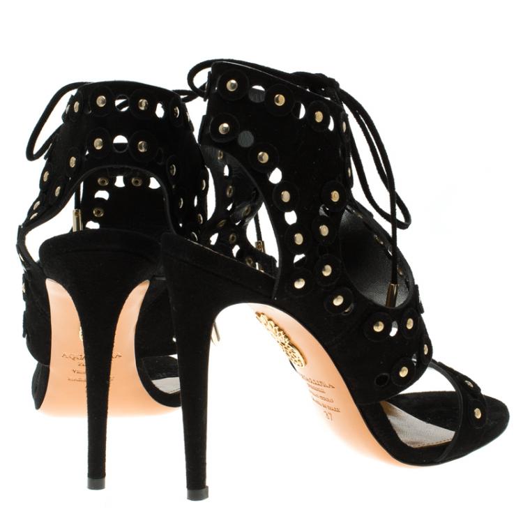 Pre Owned Aquazzura Black Studded  Suede Rebel Cutout Ankle Wrap Sandals Size 37