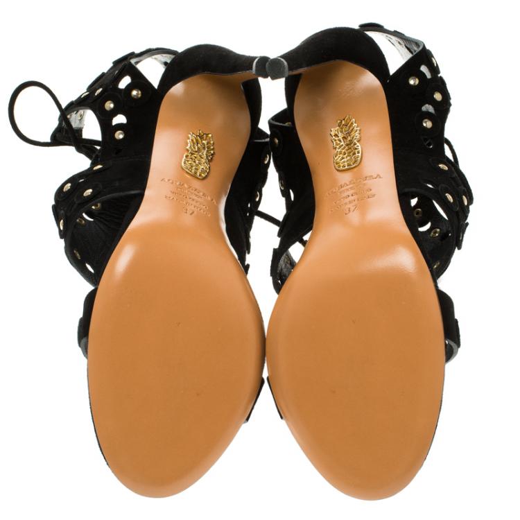 Pre Owned Aquazzura Black Studded  Suede Rebel Cutout Ankle Wrap Sandals Size 37