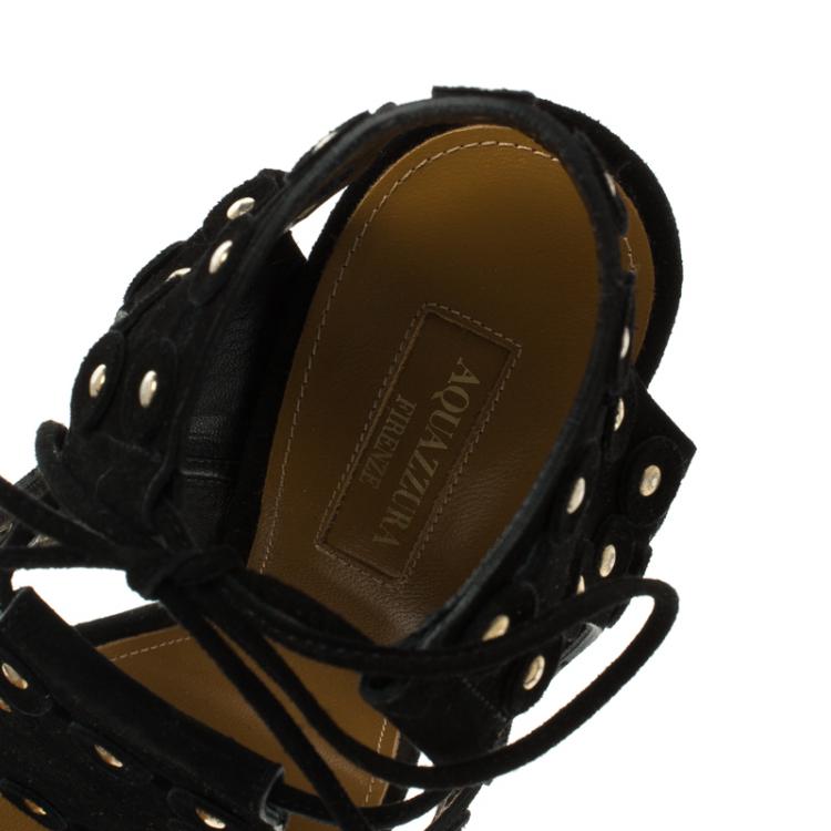 Pre Owned Aquazzura Black Studded  Suede Rebel Cutout Ankle Wrap Sandals Size 37