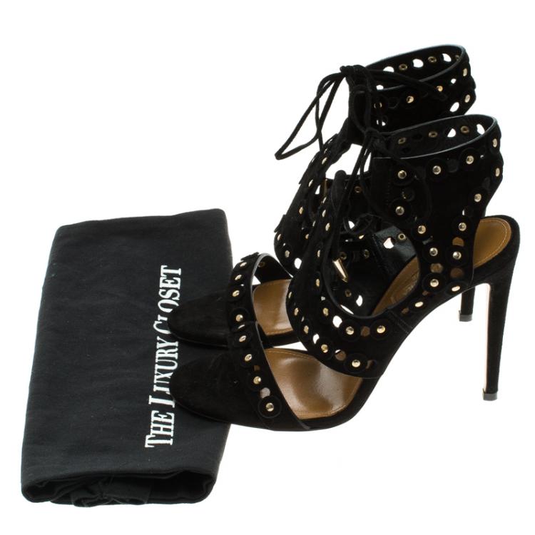 Pre Owned Aquazzura Black Studded  Suede Rebel Cutout Ankle Wrap Sandals Size 37