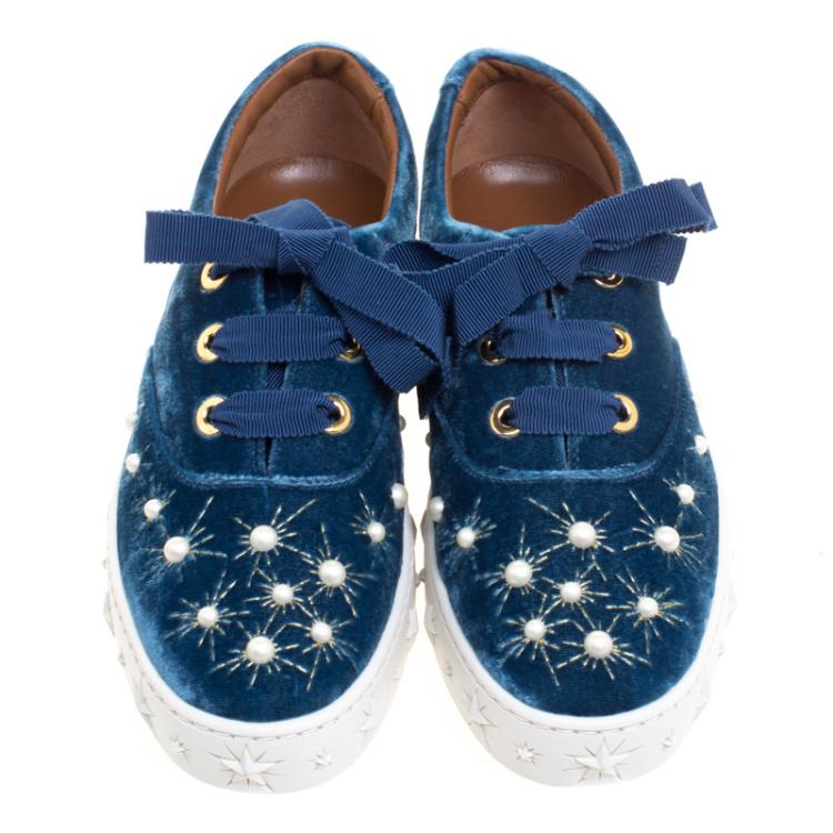 Pre Owned Aquazzura Blue Pearl Embellished Velvet Lace Up Sneakers Size 38