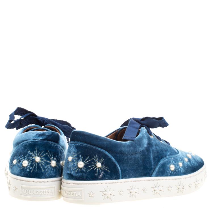 Pre Owned Aquazzura Blue Pearl Embellished Velvet Lace Up Sneakers Size 38