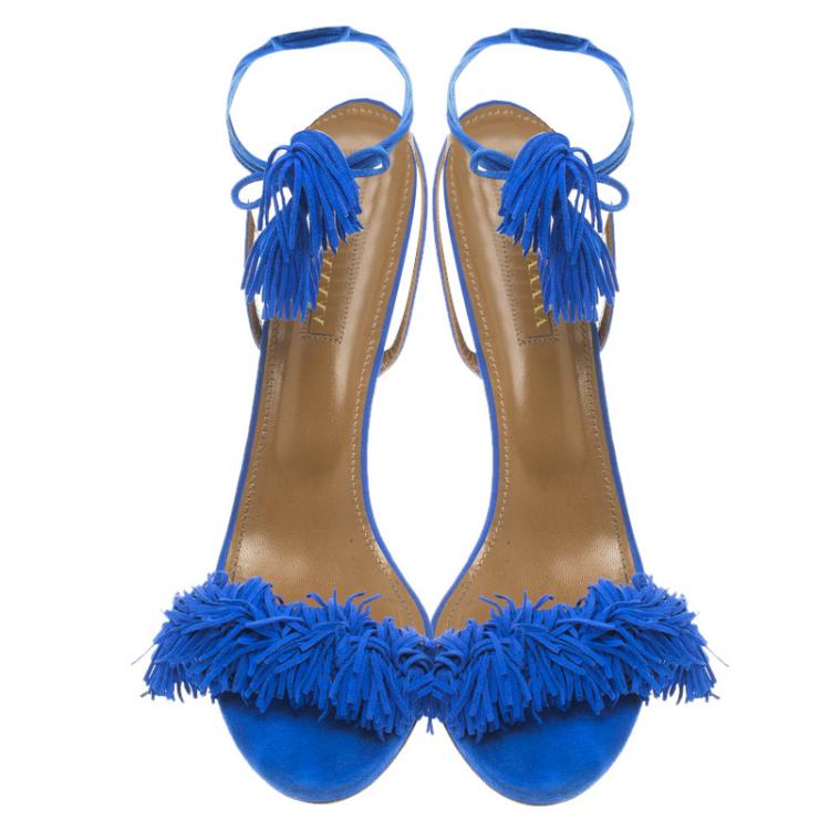 Pre Owned Aquazzura Cobalt Blue Fringed Suede Wild Thing Tasseled Ankle Wrap Sandals Size 39