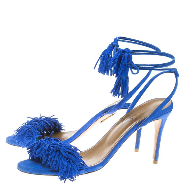 Pre Owned Aquazzura Cobalt Blue Fringed Suede Wild Thing Tasseled Ankle Wrap Sandals Size 39