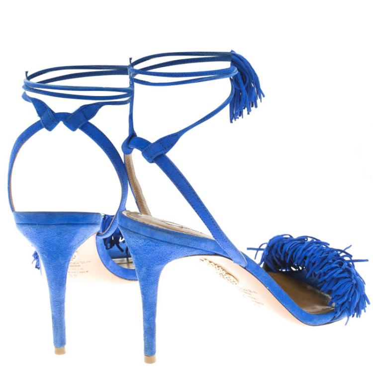 Pre Owned Aquazzura Cobalt Blue Fringed Suede Wild Thing Tasseled Ankle Wrap Sandals Size 39