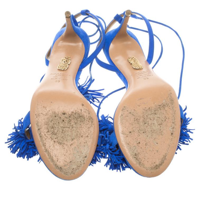 Pre Owned Aquazzura Cobalt Blue Fringed Suede Wild Thing Tasseled Ankle Wrap Sandals Size 39
