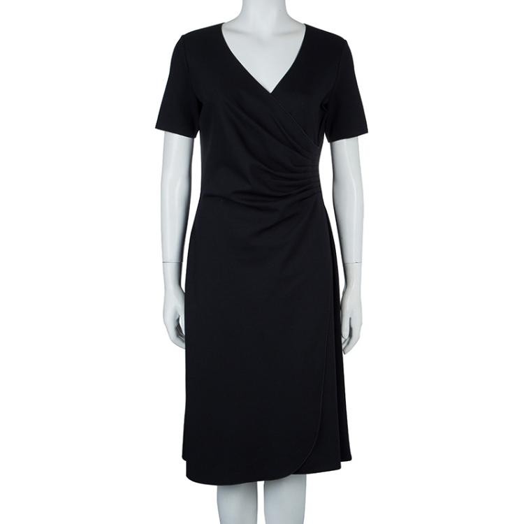 Pre Owned Armani Collezioni Black Knit Ruched Short Sleeve Overlap Dress M