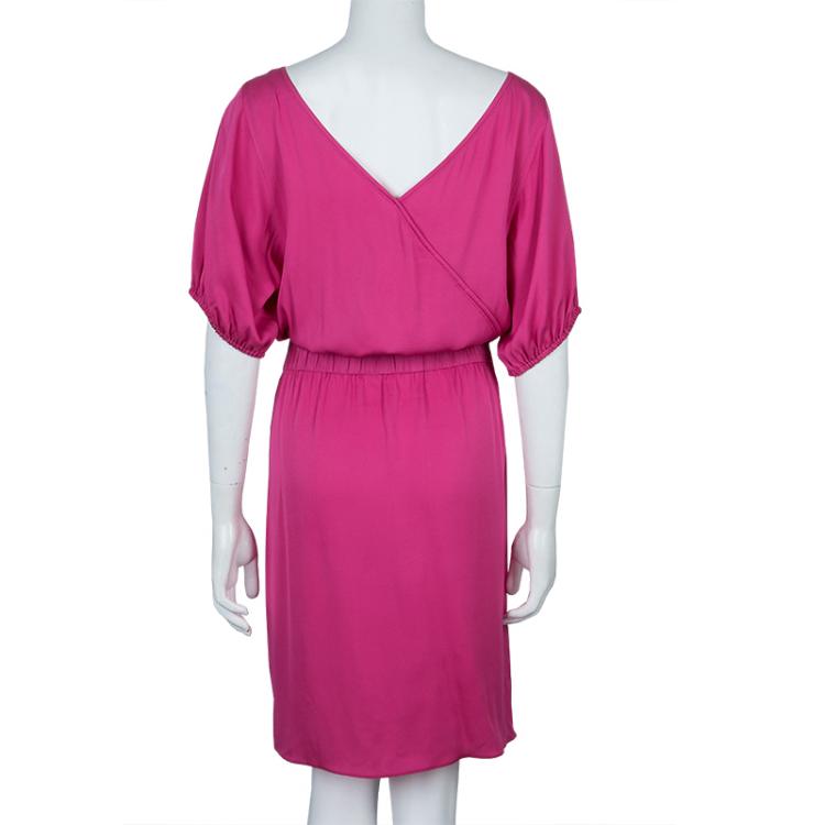 Pre Owned Armani Collezioni Pink Elasticised Waist Short Sleeve Silk Dress L