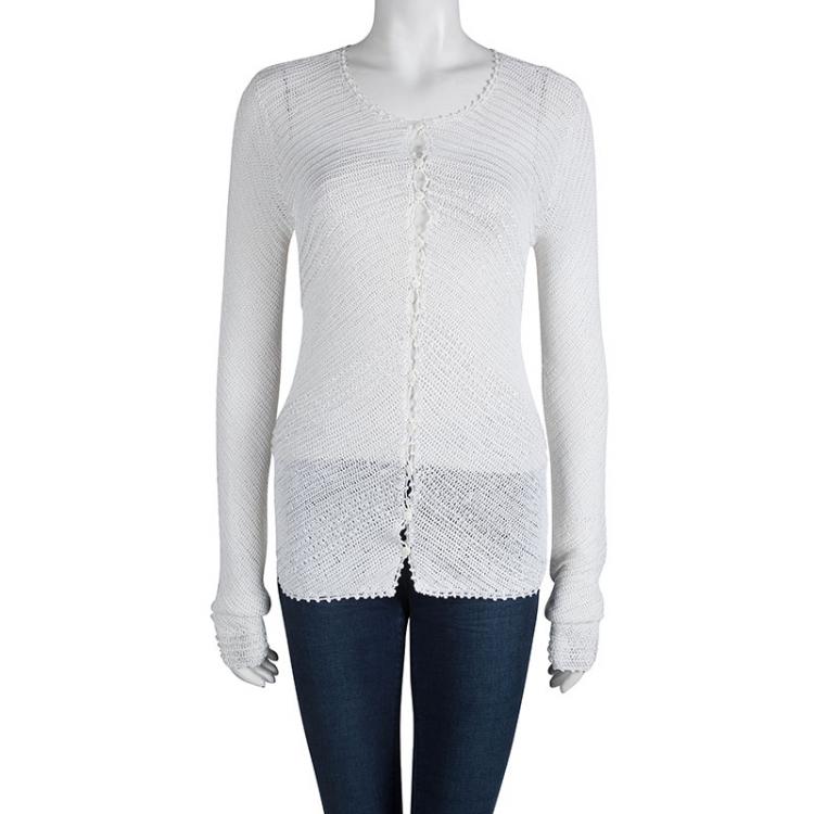 Pre Owned Armani Collezioni White Crochet Knit Beaded Cardigan M