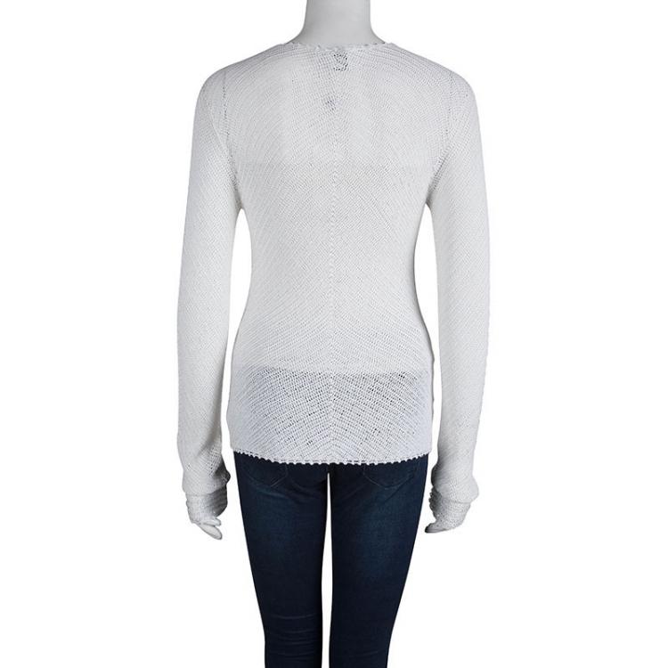 Pre Owned Armani Collezioni White Crochet Knit Beaded Cardigan M