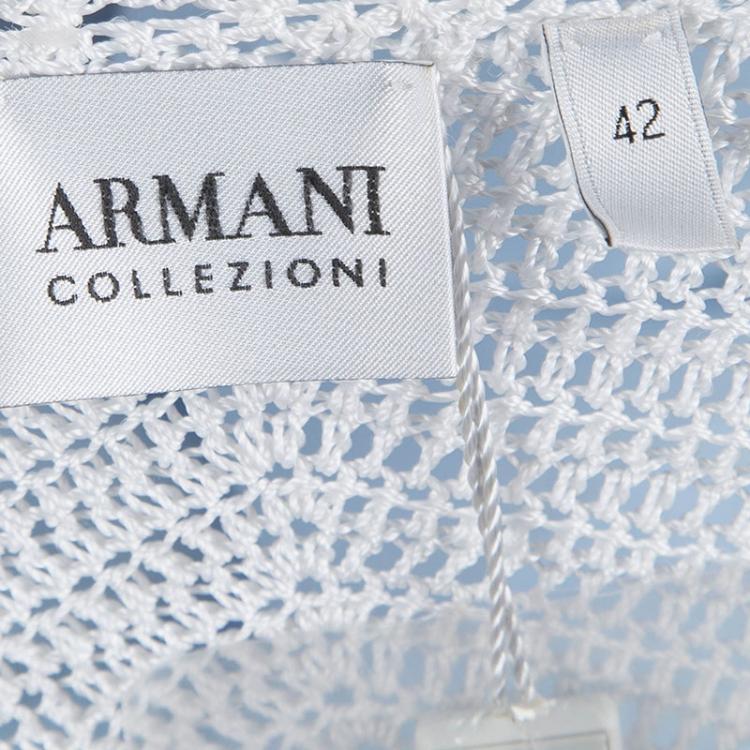 Pre Owned Armani Collezioni White Crochet Knit Beaded Cardigan M
