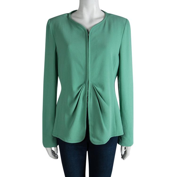 Pre Owned Armani Collezioni Pastel Green Ruched Detail Zip Front Jacket L
