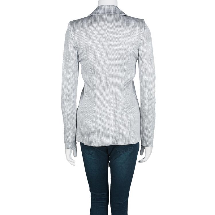 Pre Owned Armani Collezioni Grey Chevron Patterned Knit Three Button Blazer S